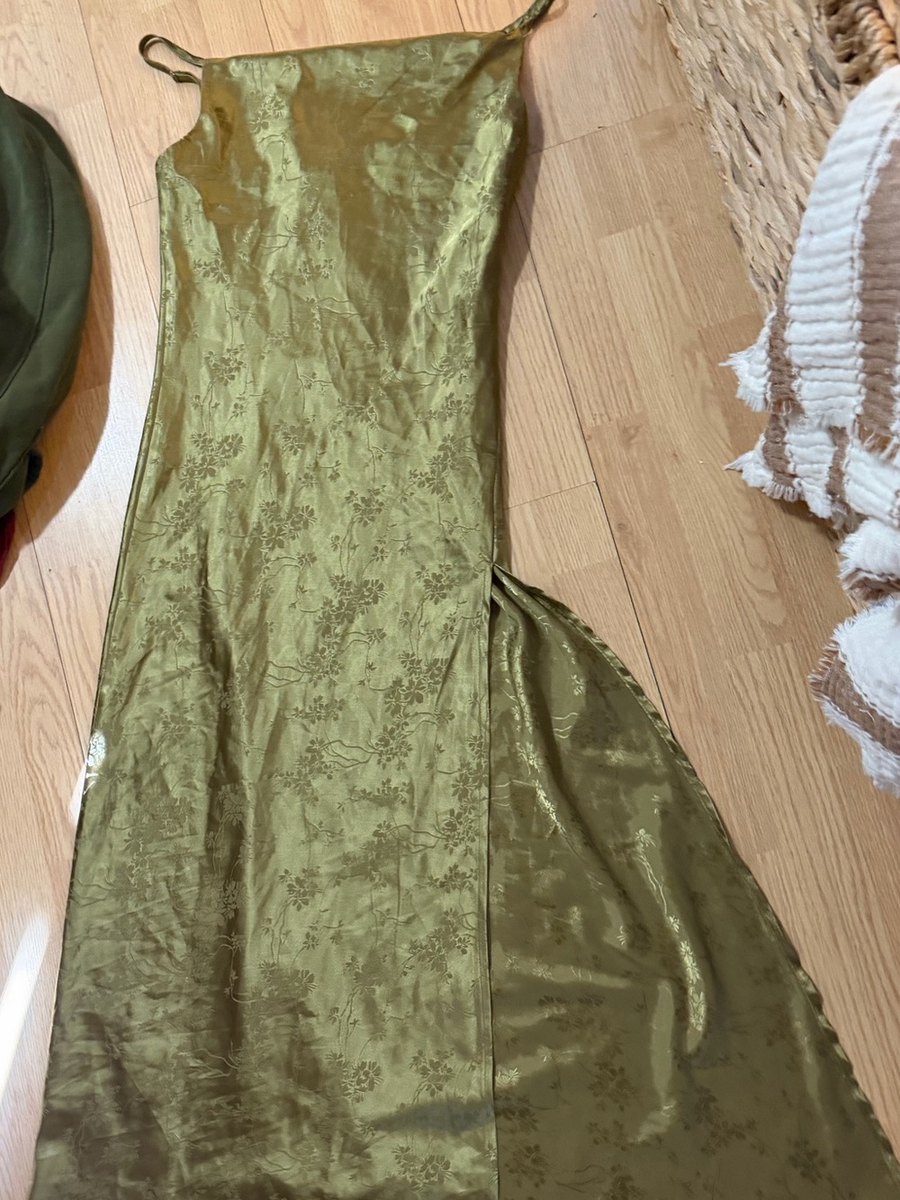 Audrey 3+1 Olive Green Jacquard Slip Maxi Dress Satin
